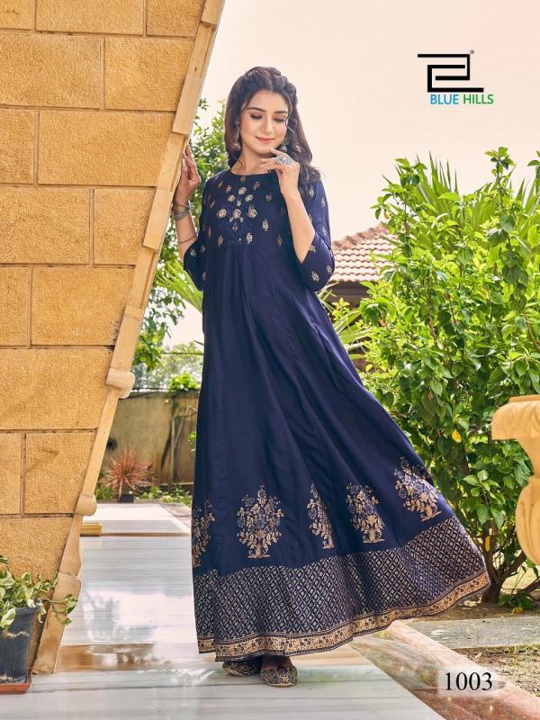 Blue Hills Enagage Designer Heavy Rayon Long Anarkali Kurti For Festival Wear Collection